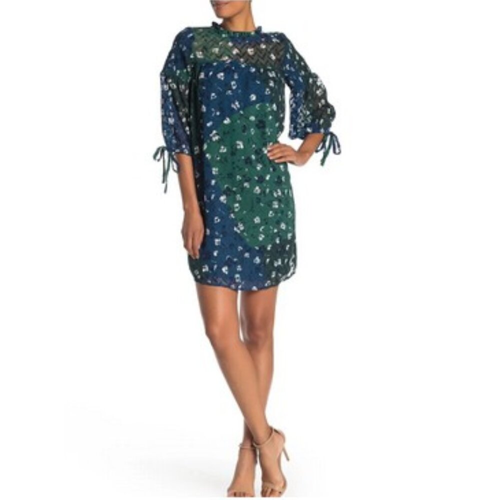 Susina Green and Blue Floral Quarter Sleeve Ruffle Neckline Shift Dress